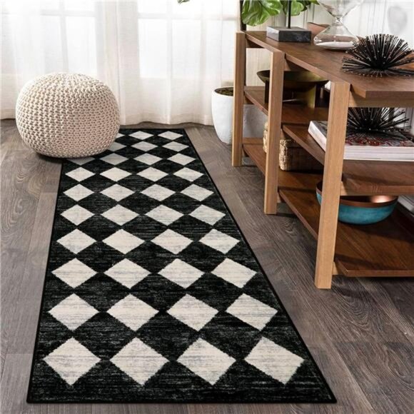 Lahome Moroccan Trellis Runner Rug - 2x6 Washable Black Bathroom Runner Rug - Picture 1 of 12